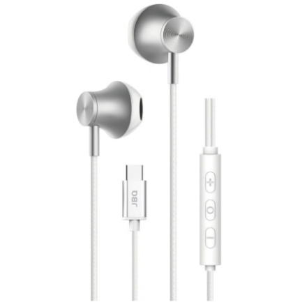 JBQ Type-C Wired Earphones Silver/White Color – Hi-Fi Stereo Sound, Built-in Mic & Noise Isolation [EP-104]
